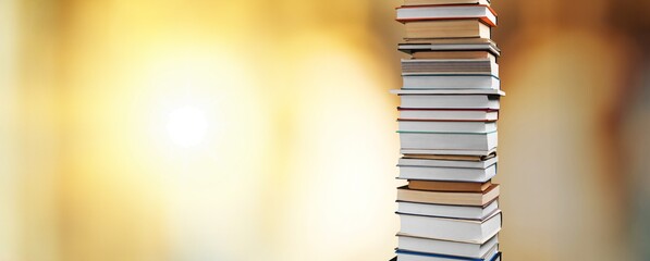 Collection stack of old retro books on background