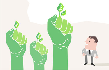 Cartoon Businessman facing three big Protesting Green Hands