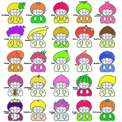 25種類のフルーツを擬人化した、可愛い女の子のイラストセット（りんご、バナナ、栗、イチゴ、マンゴー、メロン、ドラゴンフルーツなど）テキスト入り