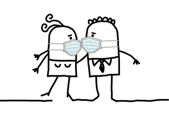 Cartoon Man and Woman, with protection Masks, trying to Kiss each-other