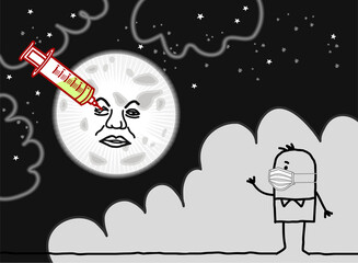 Cartoon Man with Protection Mask, watching a famous Moon imitation, with big Syringe and Vaccine in the Eye