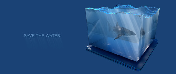 Great white shark inside water tank with water and godrays inside, save water conceptual design, 3d illustration