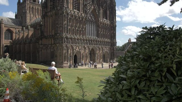 Lichfield Cathedral on sunny day in summer, Lichfield, Staffordshire, England, United Kingdom, Europe