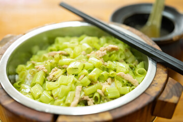 angle view fast food of fried  water spinach slices and pork with soup horizontal composition
