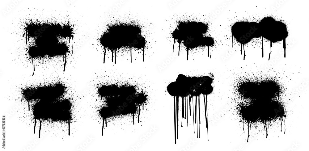 Poster Template Stencil graffiti spray, isolated on white background. Vector spray paint shapes with smudges and drops. Graffiti template with black splashes with flowing lines of paint. Vector spray set