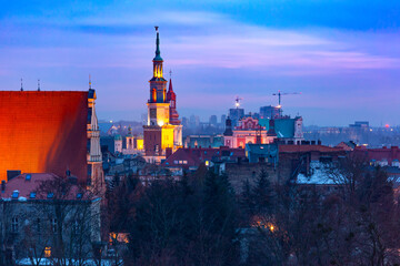 Aerial view of Poznan with Town Hall at sunset, Poland