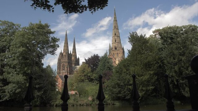 Lichfield Cathedral on sunny day in summer, Lichfield, Staffordshire, England, United Kingdom, Europe
