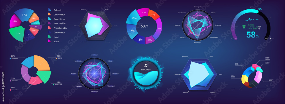 Poster Modern Pie chart and circle infographic collection for Web, UI, UX, KIT and Mobile App. Futuristic colors infochart and Pie chart. Mockup for presentation and dashboard. Three-dimensional. Vector