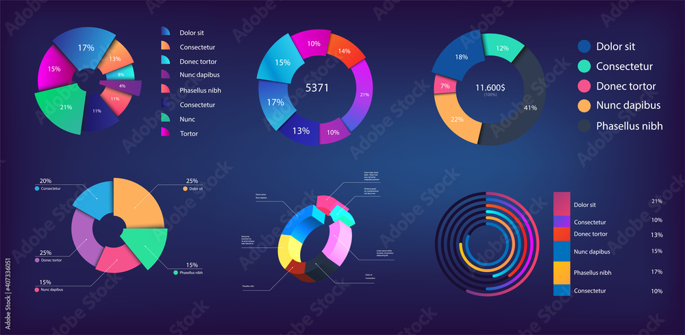 Poster neon gradient pie chart, infographic collection for reports and presentations, ui, web. mockups circ
