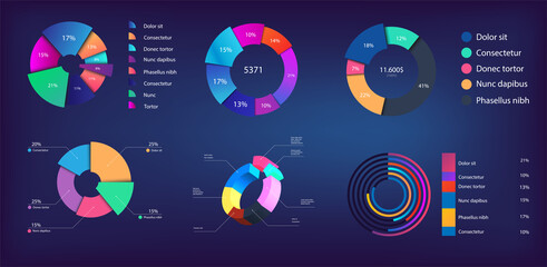 Neon gradient pie chart, infographic collection for reports and presentations, UI, WEB. Mockups circle infochart and Pie charts. 3D, and flat infographics. Modern Pie chart set. Vector illustration © SergeyBitos