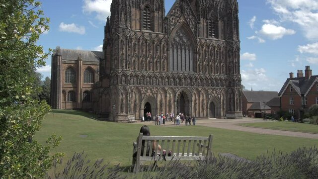 Lichfield Cathedral on sunny day in summer, Lichfield, Staffordshire, England, United Kingdom, Europe