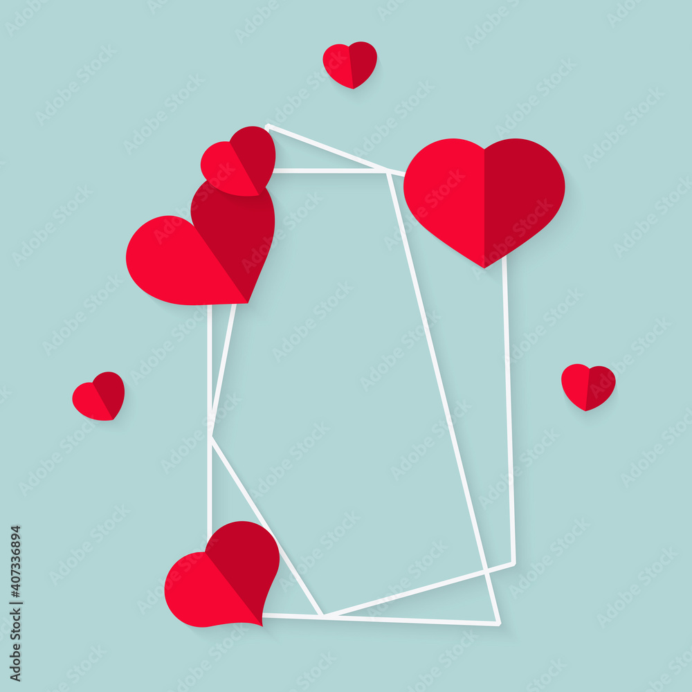 Aufkleber closeup of abstract polygonal geometric white frame with red hearts. template empty text banner for 