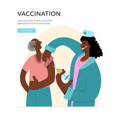 Vaccine against COVID-19 virus. Prevention injection, immunization. Coronavirus infection treatment. An old man is vaccinated by a black nurse.