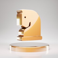 Chess Knight icon. Yellow Gold Chess Knight symbol on golden podium.