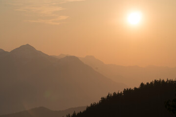 Hazy mountain sunset