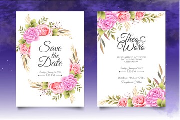 Wedding invitation card with beautiful flowers and leaves