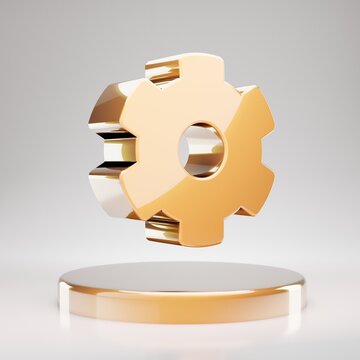 Cog Wheel Icon. Yellow Gold Cog Wheel Symbol On Golden Podium.