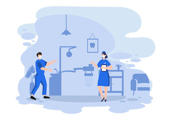 Dental Office Flat Color Illustration. Hospital interior with Workplace, Equipment, Instruments, Consultation, Treatment and Diagnosis