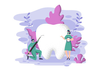 Dental Office Flat Color Illustration. Hospital interior with Workplace, Equipment, Instruments, Consultation, Treatment and Diagnosis