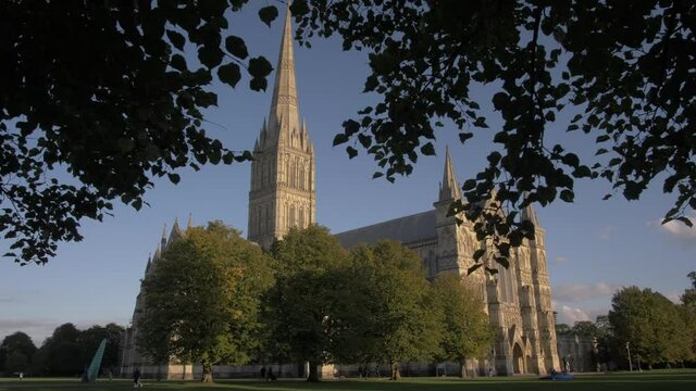 Salisbury Cathedral through trees, Salisbury, Wiltshire, England, United Kingdom, Europe