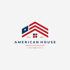 American House Logo Vector, United States Flag Design, Home Illustration Concept, Minimalist USA Symbol