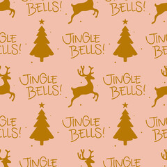 Seamless Christmas pattern with text, Jingle Bells! Reindeer and pine trees illustration. Winter wallpaper design. Seasonal background in pink and gold. Fun xmas concept, holiday greetings. - 407340027