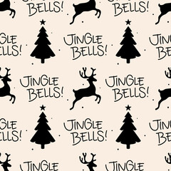 Seamless Christmas pattern with text, Jingle Bells! Reindeer and pine trees illustration. Seasonal background in black and white. Fun xmas concept, holiday greetings. Winter wallpaper design. - 407340038