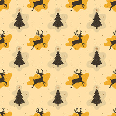 Seamless christmas pattern with reindeer and pine trees. Cozy winter wallpaper design. Seasonal background in yellow and mustard colour. Fun xmas concept, holiday greetings. - 407340065