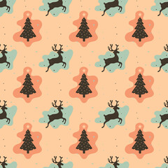 Seamless christmas pattern with reindeer and pine trees. Cozy winter wallpaper design. Seasonal background in pink and blue. Fun xmas concept, holiday greetings. - 407340097