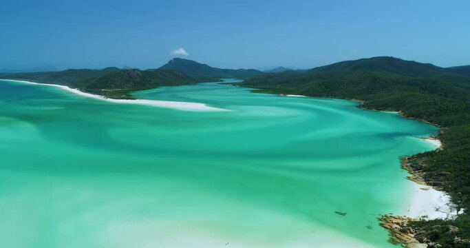 4K aerial reverse tracking motion view of Whitehaven Beach,Whitsunday Islands,Queensland,Australia