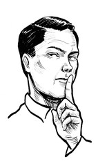 Man holding a finger at his lips. Ink black and white drawing