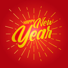 Happy New Year typography with sunburst vector for background, banner, template, concept. Luxury color of gold. Eps 10