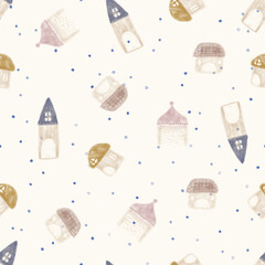 Seamless texture of little house. Hand drawn sketch watercolour painting on simple background. 