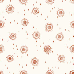 Seamless texture of little sun. Hand drawn sketch watercolour painting on simple background. 