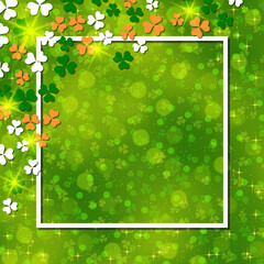 St.Patrick's Day green blurred vector background with clover leaves and white frame