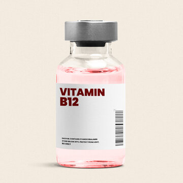 Vitamin B12 injection in a glass bottle with pink liquid