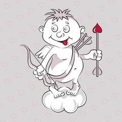 A funny cute cupid with a bow and arrow in his hands stands on a cloud and smiles in a cartoon style on a gray background with red hearts. Ready card for Valentine's day, wedding in vector style.