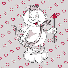 A funny cute cupid with a bow and arrow in his hands stands on a cloud and smiles in a cartoon style on a gray background with red hearts. Ready card for Valentine's day, wedding in vector style.
