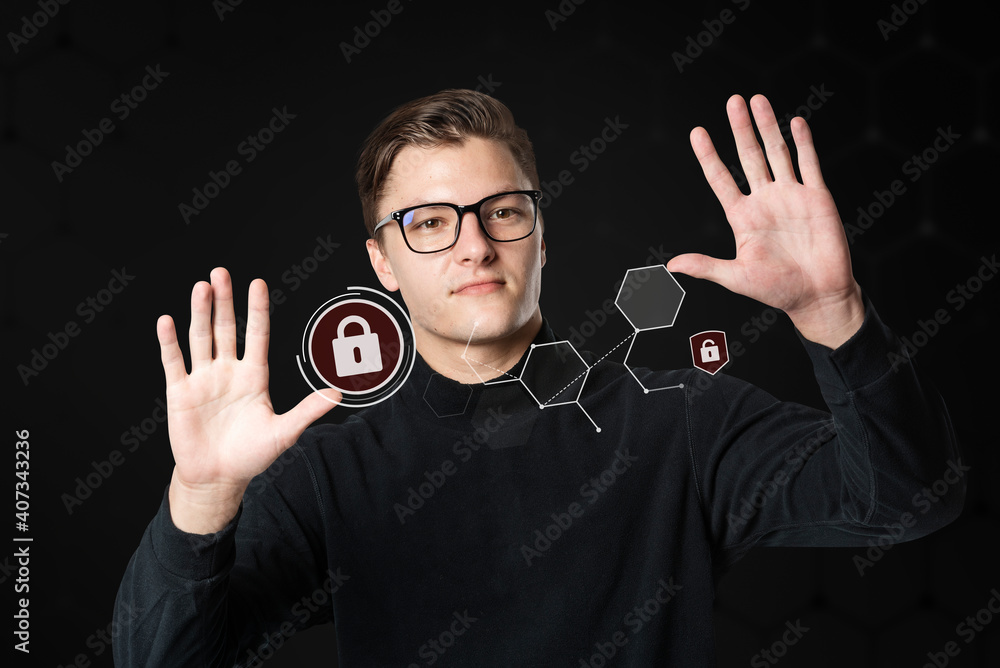 Poster man scanning palms on virtual screen biometric technology identity security