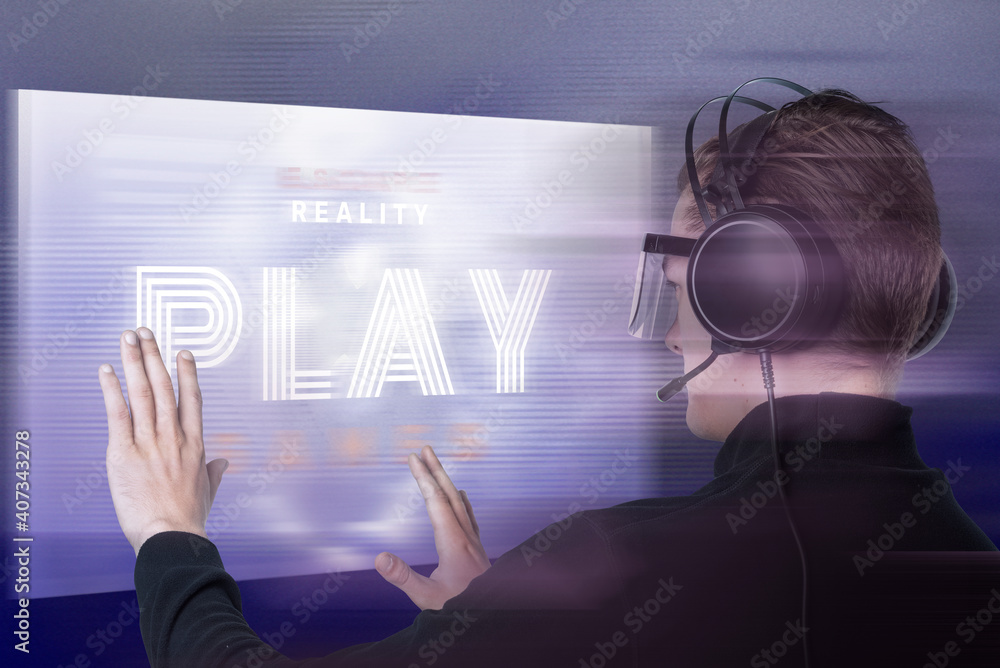 Poster man playing games with vr goggles