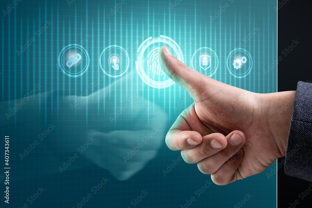 Poster man scanning fingerprint with futuristic interface smart technology