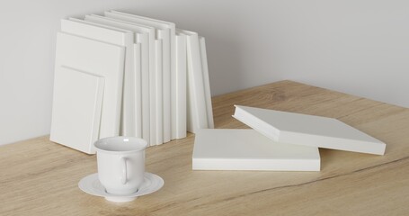 3d render Working desk with white background. blank book and coffee cup. minimal workspace. wall concept template.