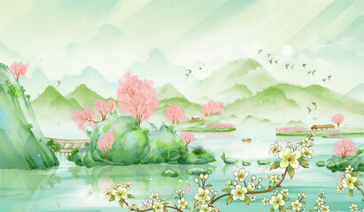 Landscape paintings full of flowers.Beginning of Spring illustration