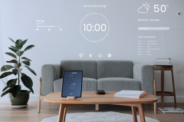 Digital tablet screen with smart home controller on a wooden table - obrazy, fototapety, plakaty