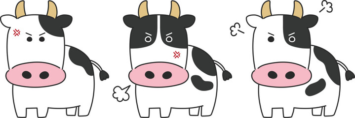 Set of angry cattle. Vector illustration of a comic book design.