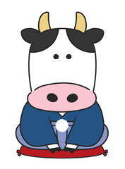 New Year's greeting by bull wearing a kimono. Vector illustration isolated on white background. 
