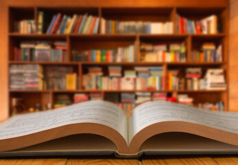 textbook on wooden board over blurred bookshelf