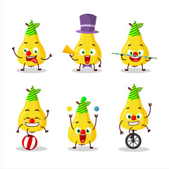 Cartoon character of yellow pear with various circus shows