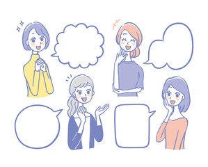 会話する女性とフキダシのセット
