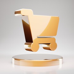 Shopping Cart icon. Yellow Gold Shopping Cart symbol on golden podium.